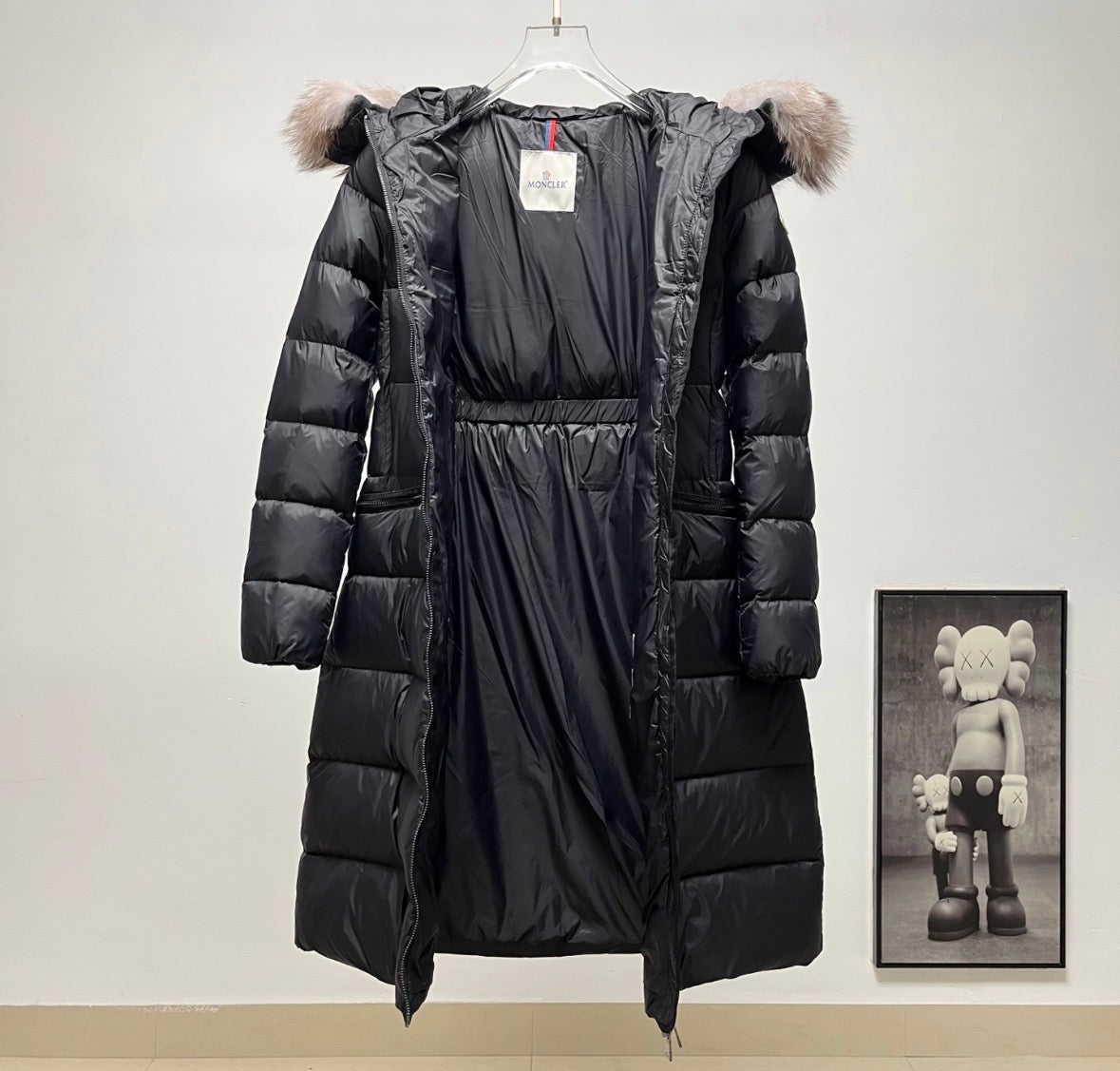 Moncler Women's Long Down Jacket with Slim Waist and Large Fur Collar