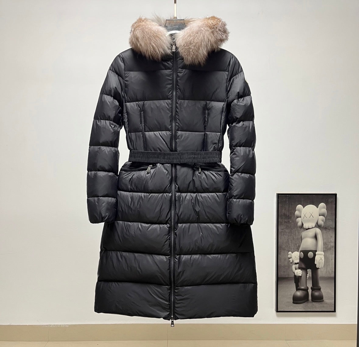 Moncler Women's Long Down Jacket with Slim Waist and Large Fur Collar