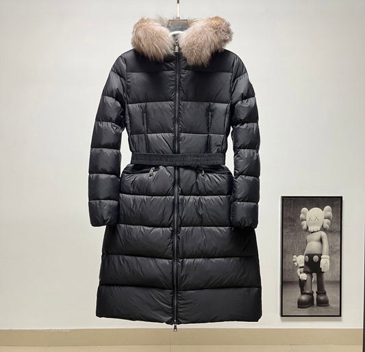 Moncler Women's Long Down Jacket with Slim Waist and Large Fur Collar