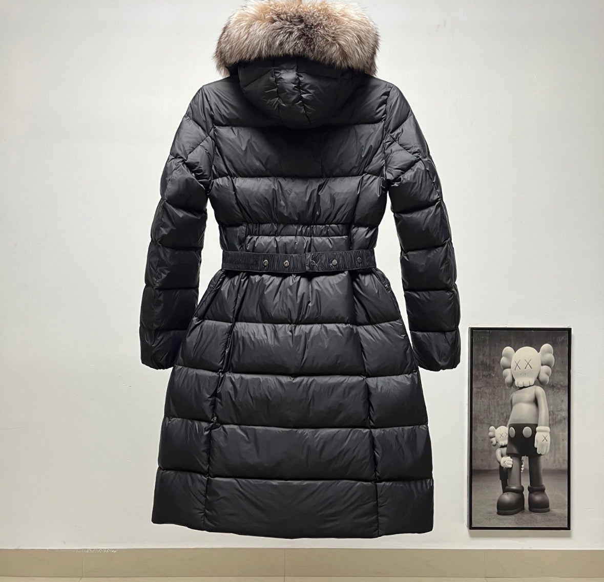 Moncler Women's Long Down Jacket with Slim Waist and Large Fur Collar