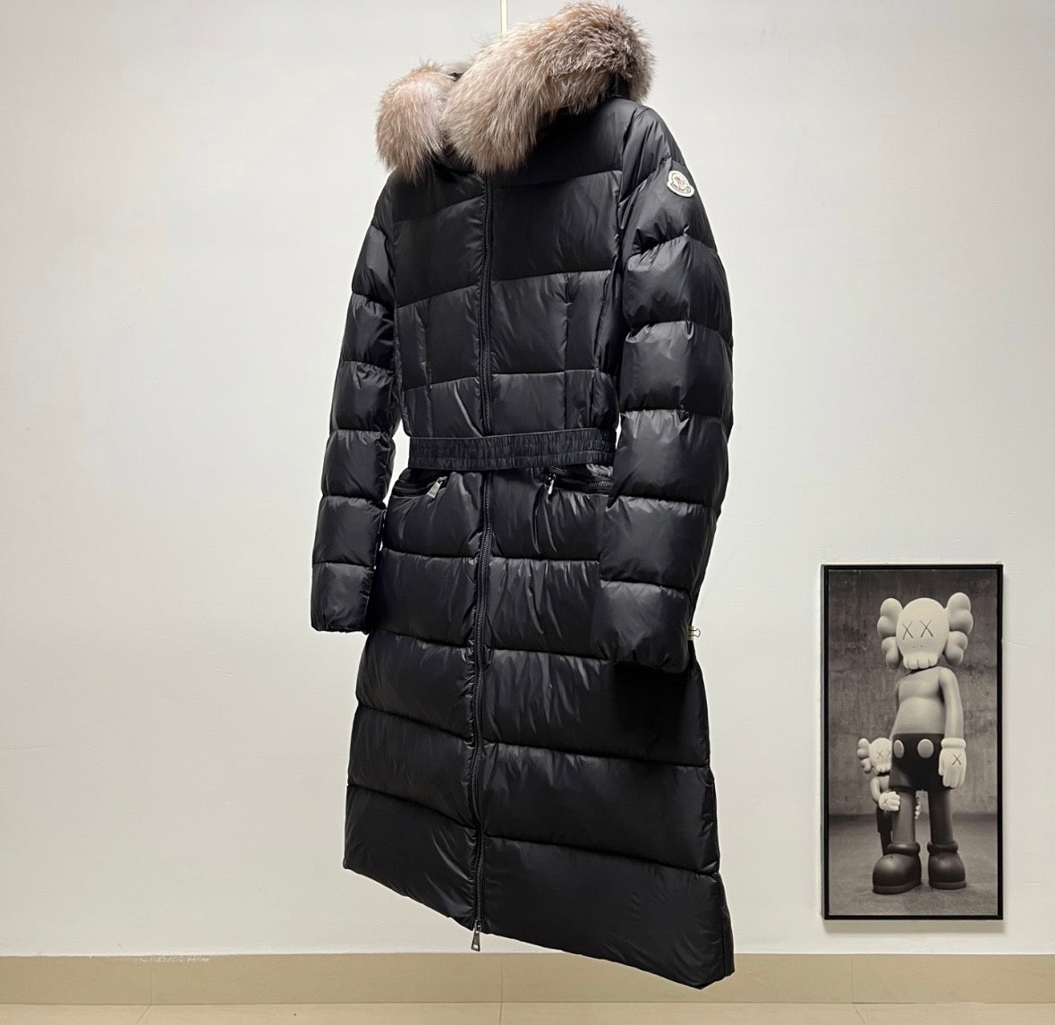 Moncler Women's Long Down Jacket with Slim Waist and Large Fur Collar